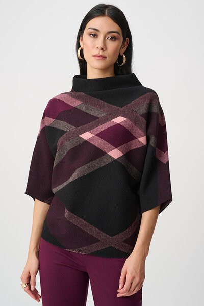 Joseph Ribkoff Brushed Viscose & Nylon Plaid Funnel Neck Sweater-shop-by-label-Hello Cyril.