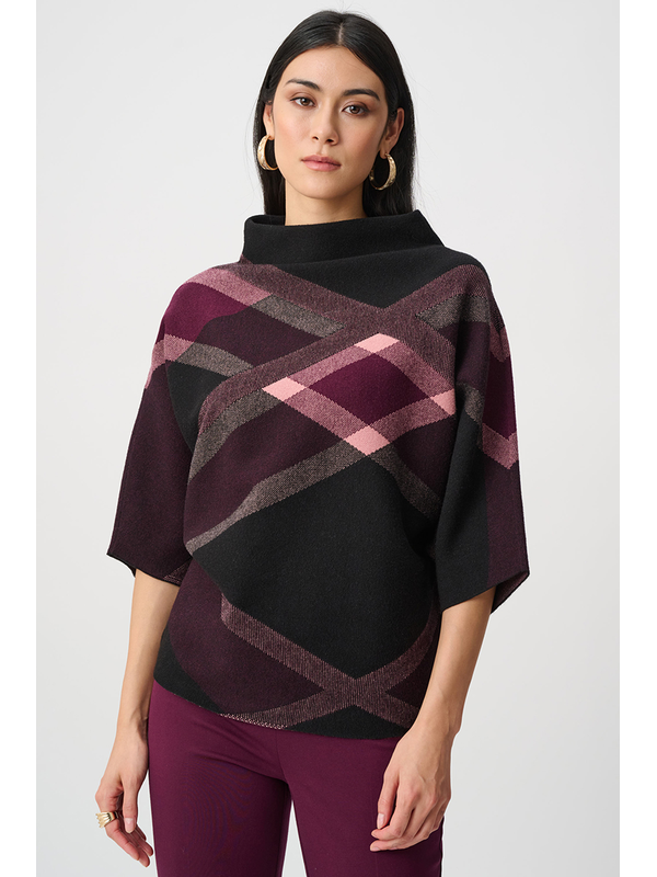 Joseph Ribkoff Brushed Viscose & Nylon Plaid Funnel Neck Sweater