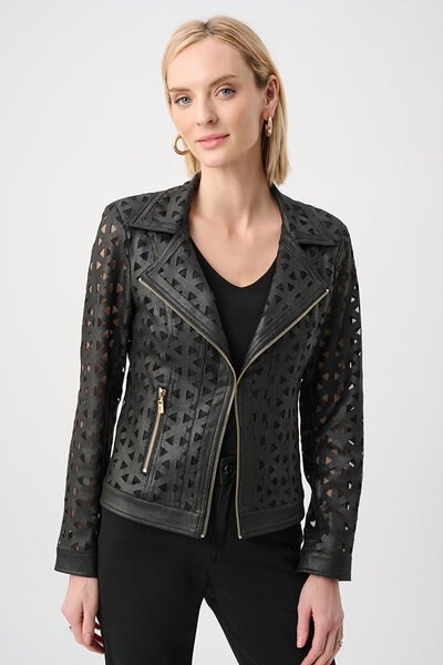 Joseph Ribkoff Foiled Faux Suede & Mesh Moto Jacket-shop-by-label-Hello Cyril.