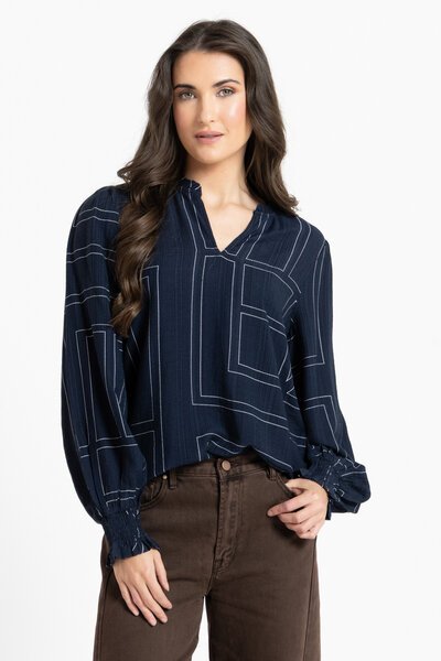 Leila + Luca Navy Geo Movement Blouse-hc-new-Hello Cyril.