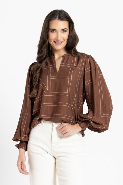 Leila + Luca Caramel Geo LS Movement Blouse-hc-new-Hello Cyril.