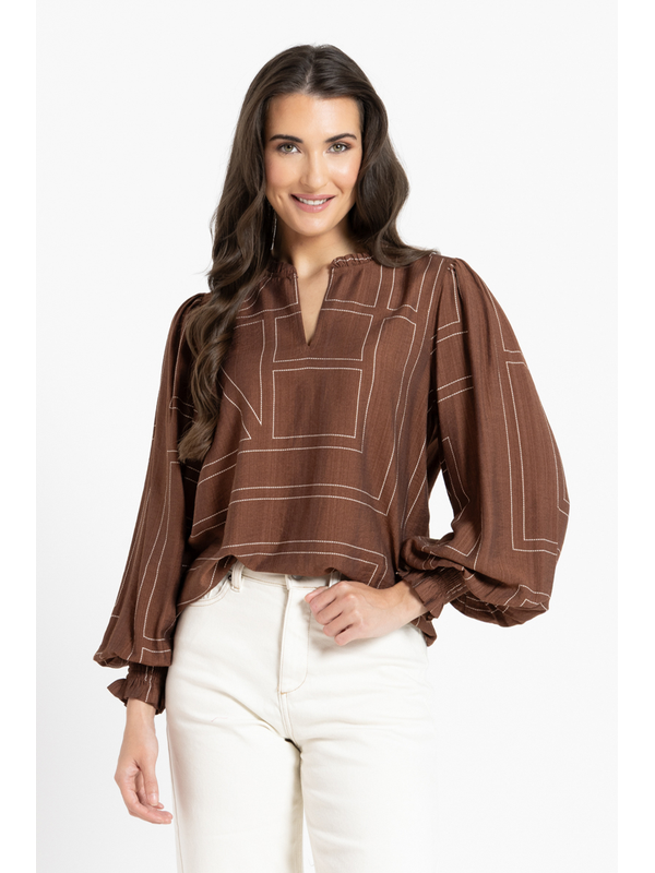 Leila + Luca Caramel Geo LS Movement Blouse