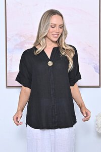 AE Luxe One Button V-Neck Plain Linen Top