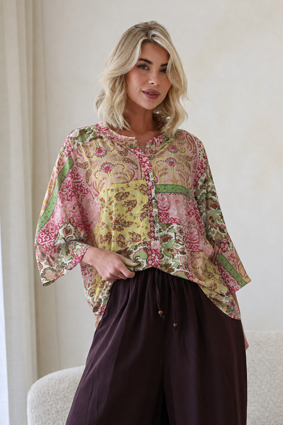 St. Germain Paisley Gather Sleeve Button Top-hc-new-Hello Cyril.
