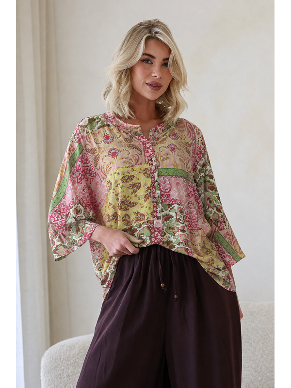 St. Germain Paisley Gather Sleeve Button Top