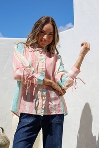 White Poetry Pastel Stripe Drawstring Blouse