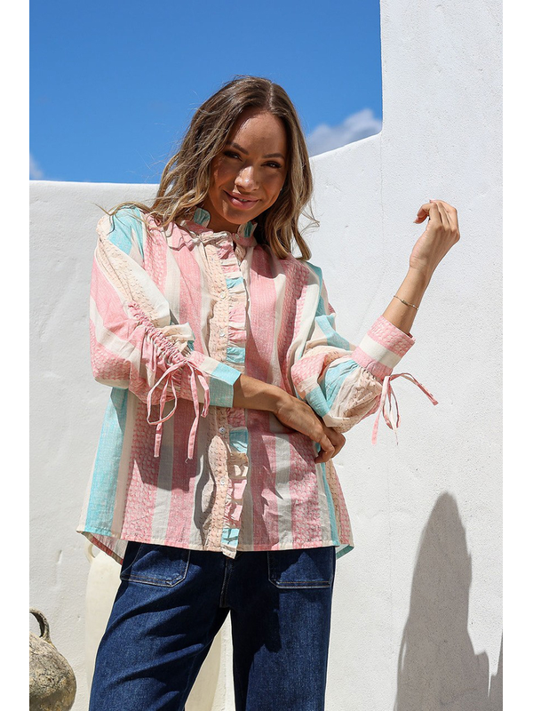 White Poetry Pastel Stripe Drawstring Blouse