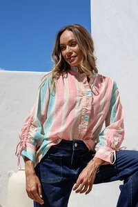 White Poetry Pastel Stripe Drawstring Blouse