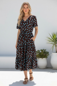 Miracle Polka Dot Drawstring Midi Dress