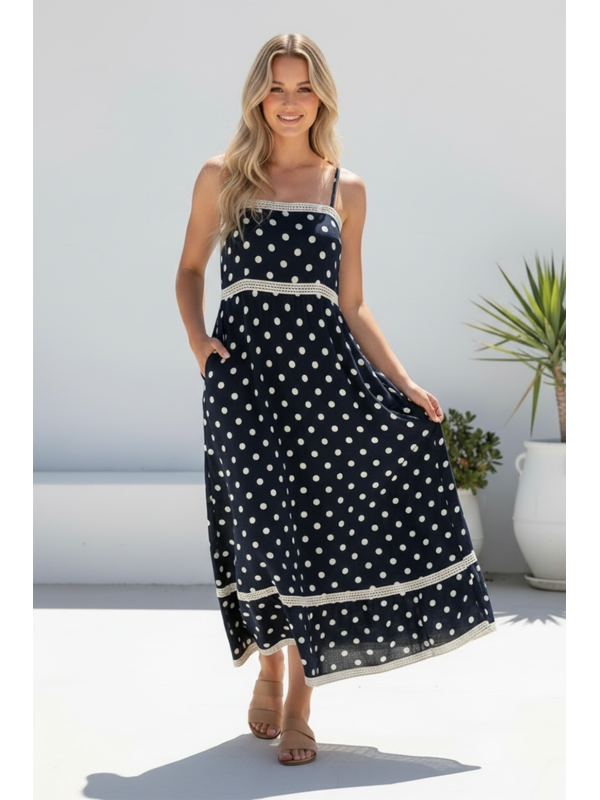 Miracle Lace Trim Polka Dot Maxi Dress