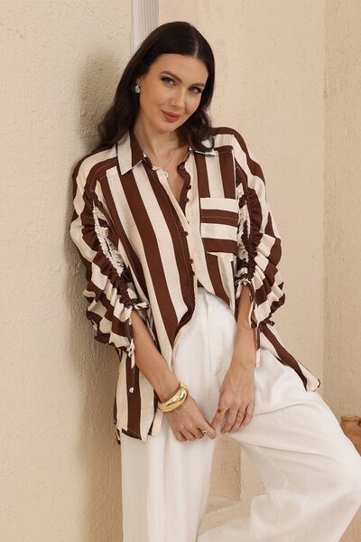 Iris Maxi Cocoa Stripe Shirt-shop-by-label-Hello Cyril.